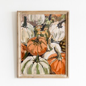 Impresión de calabazas de otoño, arte mural otoñal, póster ecléctico y acogedor para apartamento, arte imprimible en tonos neutros cálidos.
