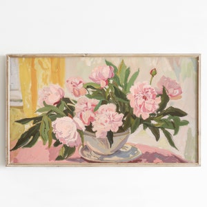 Frame Tv Art pink peonies still life flowers neutral vintage painting, floral artwork for the frame tv, cottagecore country farmhouse