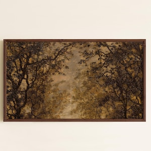 Puede incluir: Un cuadro de paisaje rectangular en un marco de madera oscura que representa una escena de bosque denso con ramas de árboles nudosas de color marrón oscuro que enmarcan un camino central más claro y brumoso con texturas.