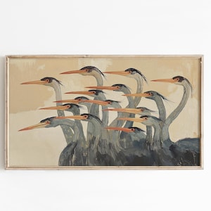 Quadro TV astratto con aironi, salvaschermo moderno e neutro con uccelli costieri. immagine 7