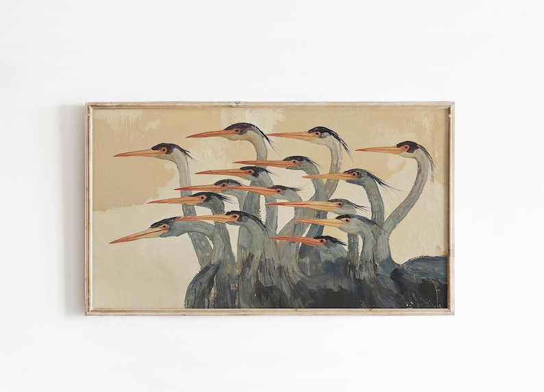 Quadro TV astratto con aironi, salvaschermo moderno e neutro con uccelli costieri. immagine 7