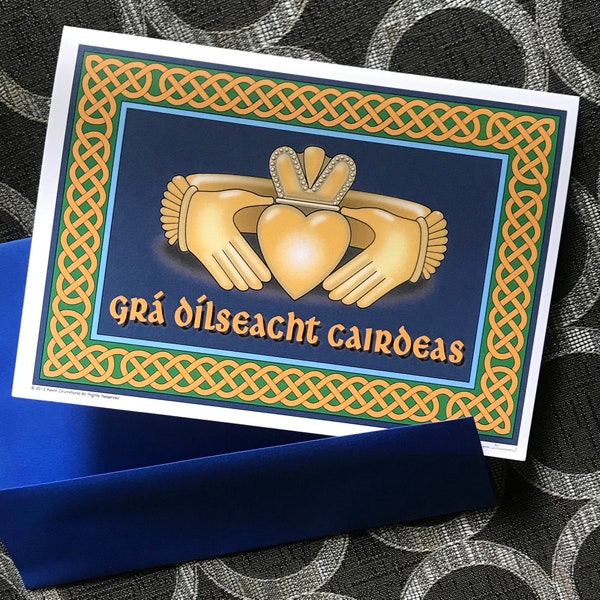 Gaelic language Claddagh greeting card: Love, Loyalty and Friendship, intricately rendered with Celtic knots, original design