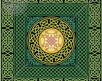 May include: A square, Celtic-inspired design featuring intricate knotwork patterns. The design incorporates a central circular motif with a yellow and orange center, surrounded by green and yellow knotwork on a black background. The border is a repeating green knotwork pattern.