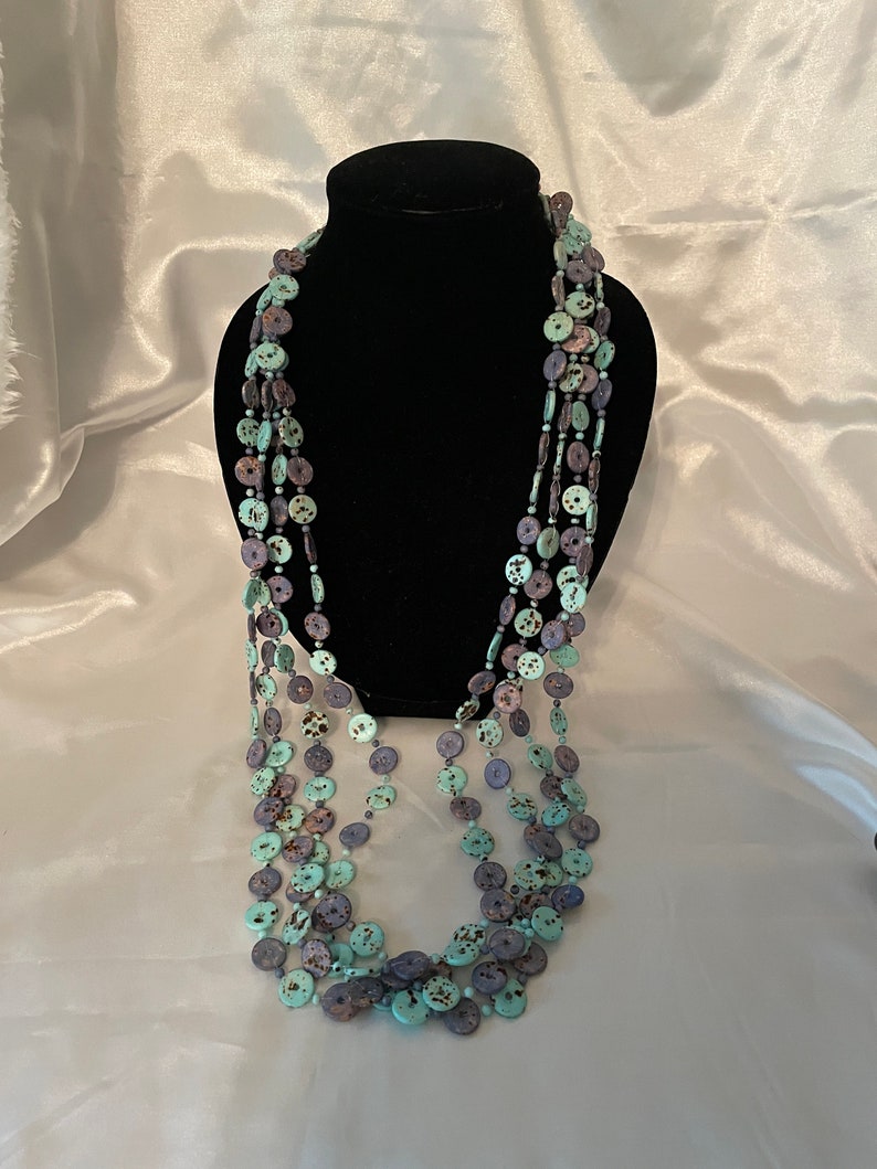 Exquisite, Unique, shops Rare, 4 Strand, Blue, Green, Turquoise, Button Style, African, Tribal Necklace