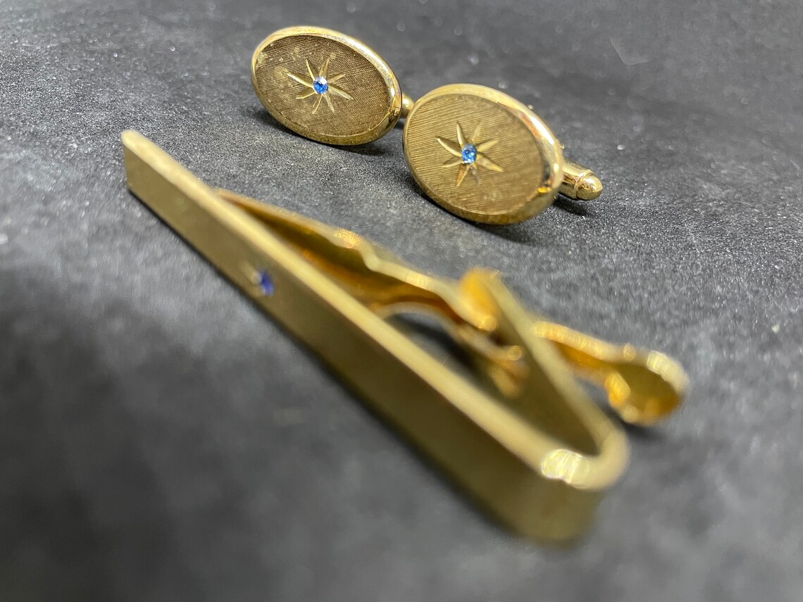 Wonderful Vintage Tie Clip and Cuff Links Set Goldtone With - Etsy