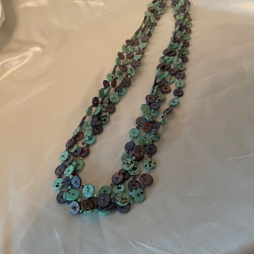 Exquisite, Unique, shops Rare, 4 Strand, Blue, Green, Turquoise, Button Style, African, Tribal Necklace
