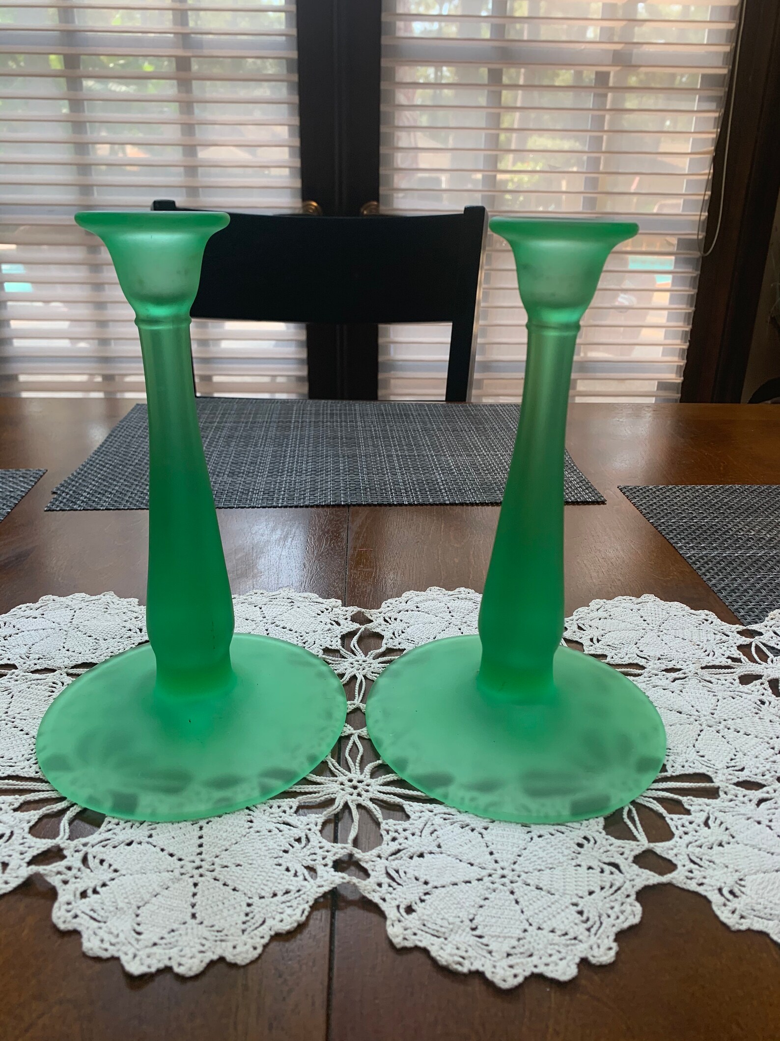 Pair of Vintage Tall Green Glass Candle Holders Etsy
