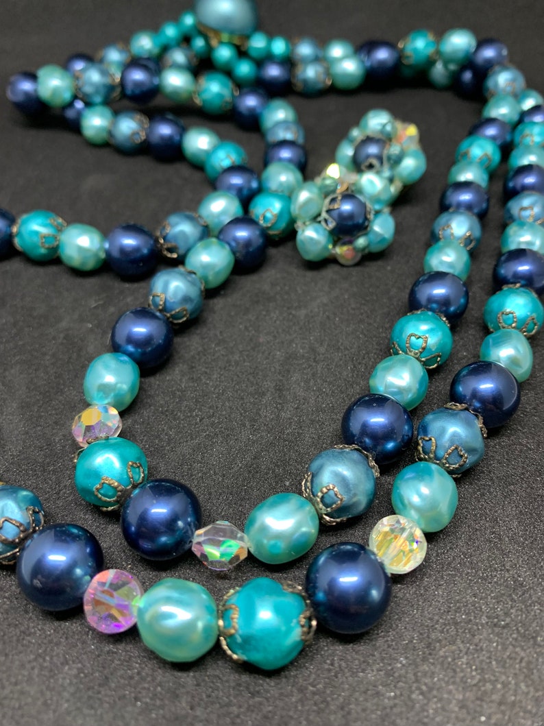 Shades of Blue Vintage 2 Strand Necklace and Clip Earring Set