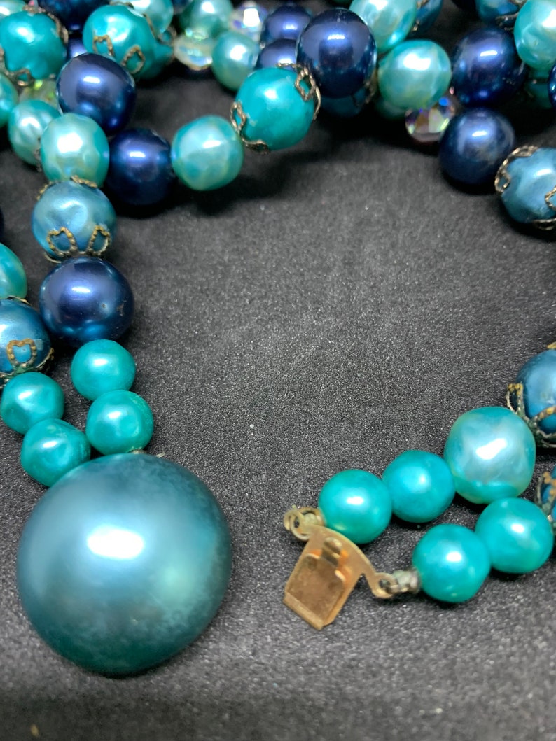 Shades of Blue Vintage 2 Strand Necklace and Clip Earring Set