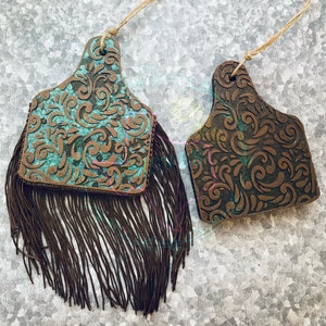 Tooled Leather Cow Tag Car Freshie | Western Freshie | Rustic Country Truck Air Freshener | Long-Lasting Cowboy Scent