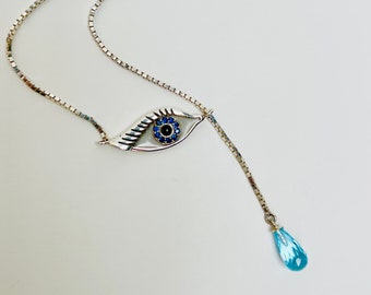 Crying Eye Lariat-Genuine Sapphire & Onyx Eye Necklace with Topaz Biolette Tear Drop Gem