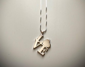 Love Pendant With Heart in Sterling Silver LOVE Necklace Silver LOVE Heart Valentine