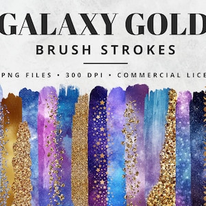 Galaxy Gold Brush Strokes Clipart, Paint Strokes, PNG, Gold Foil Brush Strokes, Watercolor Brush Strokes, Glitter, Confetti, Stars, Space