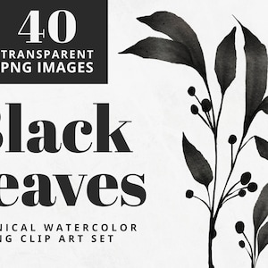 Black Watercolor Leaves Clip Art, botanical leaves Illustrations, watercolor floral,  eucalyptus clip art, wreaths, laurels, branches