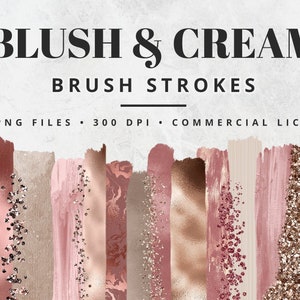 Blush and Cream Brush Strokes Clipart, Paint Strokes, PNG, Rose Gold Foil Brush Strokes, Watercolor Brush Strokes, Glitter, Confetti