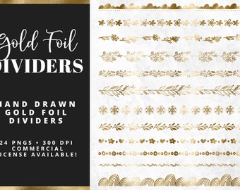 Gold Foil Divider Clipart Set, Faux Foil, Clipart, Floral Illustrations, Hand Drawn florals, Gold Florals, Wedding, Instant Download