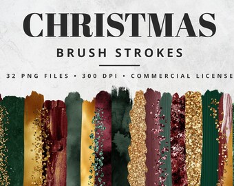 Christmas Brush Strokes Clipart, Paint Strokes, PNG, Gold Foil Brush Strokes, Watercolor Brush Strokes, Glitter, Confetti, Holiday Clip Art