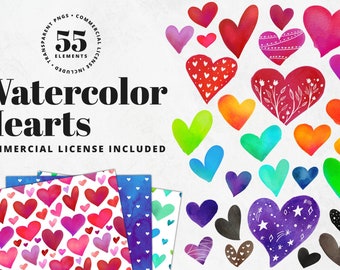 May include: A set of 55 watercolor hearts in various colors and designs, including hearts with polka dots, flowers, and stars. The hearts are perfect for adding a touch of love to any project.