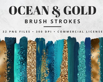 Imágenes prediseñadas de pinceladas de océano y oro, pinceladas de pintura, PNG, pinceladas de lámina dorada, pinceladas de acuarela, purpurina, confeti, conjunto de imágenes prediseñadas