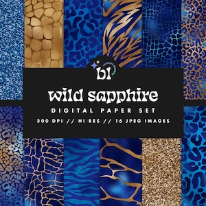 Puede incluir: Un conjunto de papeles digitales con 16 imágenes de alta resolución que presentan patrones de estampado animal azul y dorado. Los patrones incluyen cebra, leopardo y piel de cocodrilo. El texto "wild sapphire" se muestra en negrita, en blanco.