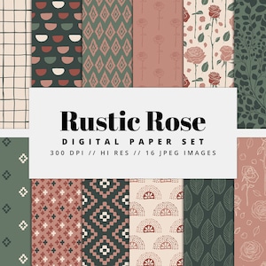 May include: A set of 16 digital paper patterns featuring a rustic rose theme. The patterns include various designs, such as floral, geometric, and plaid, in shades of red, green, and cream. The papers are 300 DPI and high resolution.