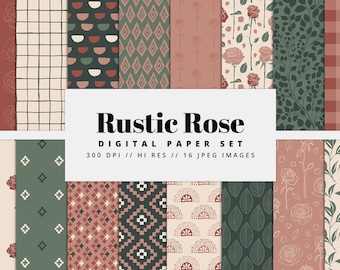 Rustic Rose Digital Paper Set, Seamless Textures, Floral Patterns, Doodle Backgrounds, Botanical Patterns, Printable, Commercial Use