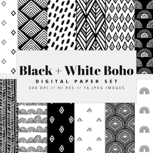 Pu&ograve; includere: Una collezione di modelli di carta digitale in bianco e nero con disegni geometrici e boho. Il testo "Black + White Boho" &egrave; visualizzato, insieme a "DIGITAL PAPER SET" e altri dettagli. I modelli includono diamanti, chevron e altre forme.