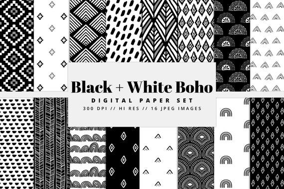 Black and White Boho Digital Paper, Seamless Texture, Abstract Patterns, Boho Backgrounds, Doodles, Boho Patterns, Printable, Commercial Use