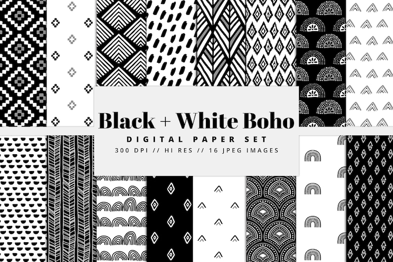 Pu&ograve; includere: Una collezione di modelli di carta digitale in bianco e nero con disegni geometrici e boho. Il testo "Black + White Boho" &egrave; visualizzato, insieme a "DIGITAL PAPER SET" e altri dettagli. I modelli includono diamanti, chevron e altre forme.