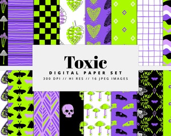 Toxic Digital Paper Set, Seamless Textures, Halloween Patterns, Doodle Backgrounds, Trippy Patterns, Printable, Commercial Use