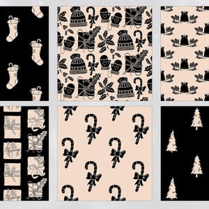 May include: Set of six digital paper patterns featuring black and white illustrations of Christmas-themed objects on a light pink or black background. The patterns include stockings, candy canes, presents, trees, and winter hats.