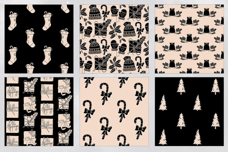 May include: Set of six digital paper patterns featuring black and white illustrations of Christmas-themed objects on a light pink or black background. The patterns include stockings, candy canes, presents, trees, and winter hats.
