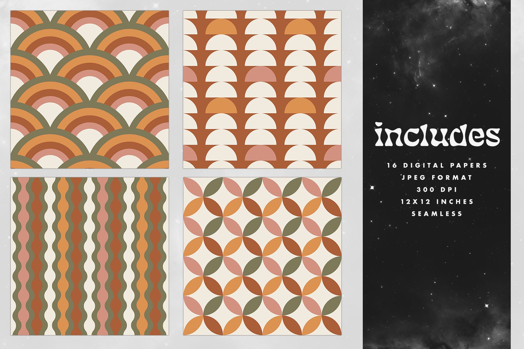 Retro Digital Paper Set, Seamless Textures, 70s Patterns, Vintage ...