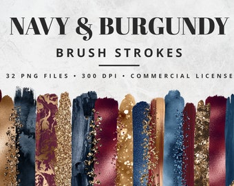 Navy and Burgundy Brush Strokes Clipart, Paint Strokes, PNG, Gold Foil Brush Strokes, Watercolor Brush Strokes, Glitter, Confetti, Clip Art