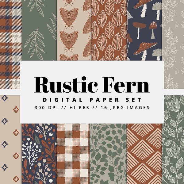 Rustic Fern Nature Digital Paper Set, Seamless Textures, Fall Patterns, Camping Digital Paper, Trendy Patterns, Printable, Commercial Use