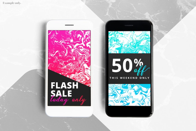 May include: Two smartphone mockups displaying sale promotions. The left phone has a pink and white marbled background with the text "FLASH SALE today only". The right phone has a blue and white marbled background with the text "50% off THIS WEEKEND ONLY".