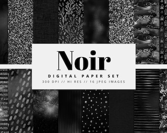 May include: A digital paper set with 16 high-resolution images in black and white with silver glitter accents. The set includes patterns like stripes, dots, and floral designs. The text "Noir" and "DIGITAL PAPER SET" is displayed in the center of the image.