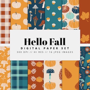 Hello Fall Digital Paper Set, Seamless Textures, Autumn Patterns, Fall Backgrounds, Fall Patterns, Printable, Commercial Use