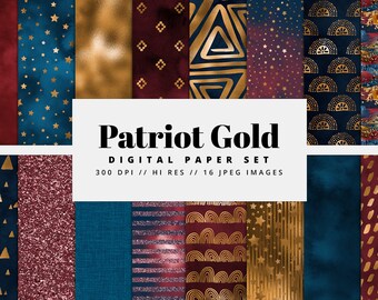 Patriotic Digital Paper Set, Foil, Seamless Textures, Summer, July 4th, Digital Metallic Foil, Glam Texture, Printable, Commercial Use