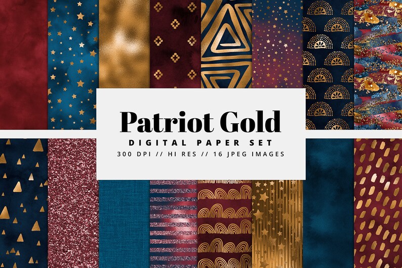 Patriotic Digital Paper Set, Foil, Seamless Textures, Summer, July 4th, Digital Metallic Foil, Glam Texture, Printable, Commercial Use image 1