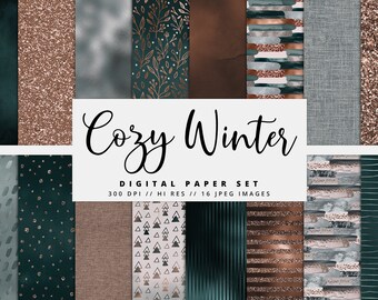 Cozy Winter Digital Paper Set, Glitter Digital Paper, Copper Foil Texture, Floral Digital Paper, Printable, Instant Download, Commercial Use