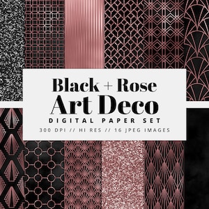 Art deco digitaal papier, zwart en roze deco, naadloze achtergrond, scrapbook en planner texturen, commercieel gebruik jpg's, afdrukbaar ambachtelijk papier