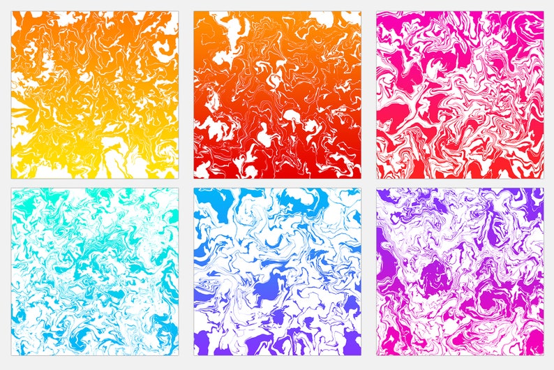May include: Six abstract digital art prints with a marbled, swirly design. Each print features a different color gradient, including orange, red, pink, blue, purple, and turquoise.
