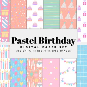 Pastel Birthday Digital Paper Set, Seamless Textures, Birthday Party Patterns, Birthday Backgrounds, Printable, Commercial Use
