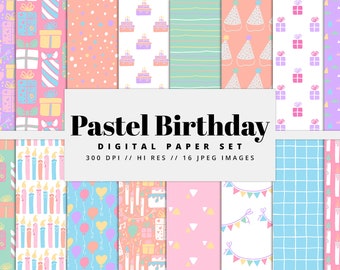 Peut inclure: Un ensemble de papiers numériques avec des motifs pastel sur le thème de l'anniversaire. Les motifs comprennent des boîtes cadeaux, des gâteaux d'anniversaire, des chapeaux de fête, des ballons et des bougies. Le texte "Pastel Birthday DIGITAL PAPER SET" est affiché.