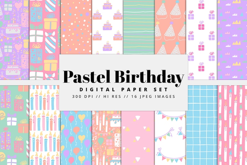 Puede incluir: Un conjunto de papeles digitales con varios patrones pastel de cumplea&ntilde;os. Los dise&ntilde;os incluyen cajas de regalo, pasteles de cumplea&ntilde;os, gorros de fiesta, globos y velas. Se muestra el texto "Pastel Birthday DIGITAL PAPER SET".