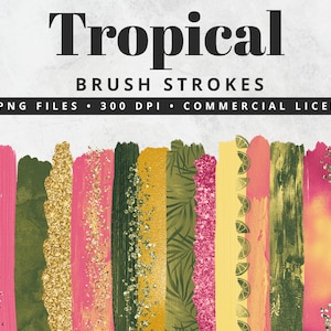 Tropical Brush Strokes Clipart, Paint Strokes, PNG, Gold Foil Brush Strokes, Watercolor Brush Strokes, Glitter, Confetti, Clip Art, Summer