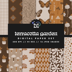 May include: A digital paper pack with 16 seamless patterns in terracotta, brown, and cream colors. The patterns feature mushrooms, butterflies, plants, and geometric designs. The text "terracotta garden" is displayed on a black banner.