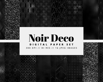 Digitaal art-decopapier, zwart deco, vintage patronen, retro achtergronden, naadloos plakboekpapier, instant download, commercieel gebruik