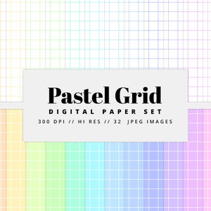 May include: A set of 32 digital paper backgrounds featuring pastel colored grid patterns. The grid patterns are in shades of pink, orange, yellow, green, blue, purple, and gray.  The text "Pastel Grid Digital Paper Set 300 DPI // HI RES // 32 JPEG IMAGES" is displayed on a white rectangle.